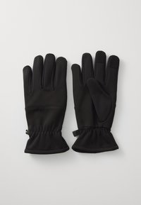 Gants noirs en tissu lisse et extensible. Le design comprend un poignet froncé, un pouce renforcé et une forme élégante et ajustée.