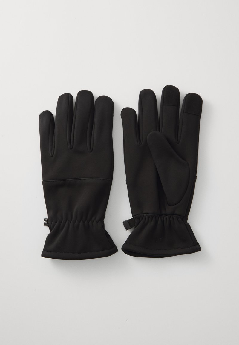 Gants noirs en tissu lisse et extensible. Le design comprend un poignet froncé, un pouce renforcé et une forme élégante et ajustée.