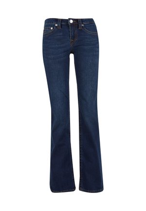 Donkerblauwe flared jeans met een aansluitende taille en zichtbare stiksels, getoond op een eenvoudige witte achtergrond.