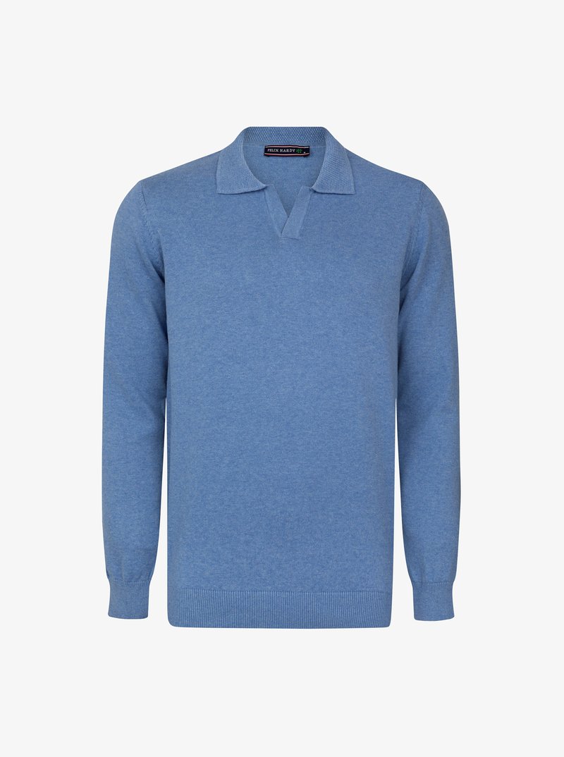 Suéter de pullover azul claro fabricado en un tejido suave, con cuello en V, mangas largas y puños y dobladillo acanalados.