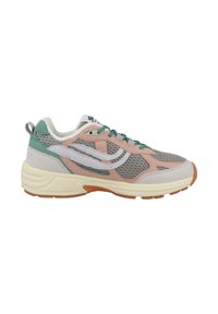 Mesh running shoe in light gray, pink, and teal. Features a chunky sole, lace-up design, and reflective details on the sides.