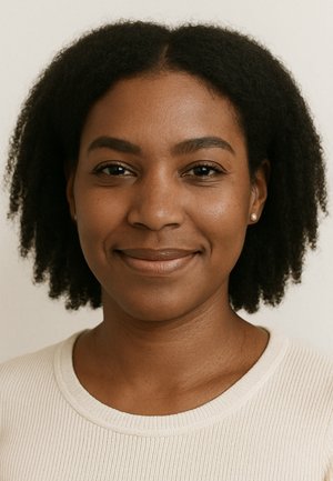 Portræt af en person med en glat teint og naturligt, textureret hår. De har en lys beige, ribbet top på og små perleøreringe.