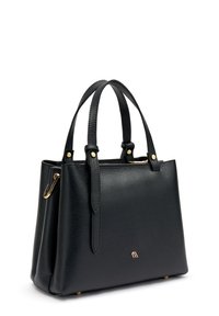 Borsa a tracolla in pelle nera con finitura texturizzata, doppio manico superiore, hardware color oro e un piccolo dettaglio del logo sulla parte anteriore.