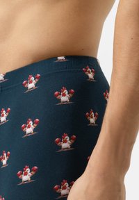 Gros plan sur le torse d'une personne portant un sous-vêtement bleu foncé avec un motif de poules blanches portant des gants de boxe rouges.