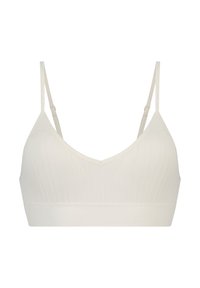 Lys beige bralette med V-hals, med ribbet tekstur og tynne justerbare stropper. Mykt stoff med en sømløs, elastisk design.