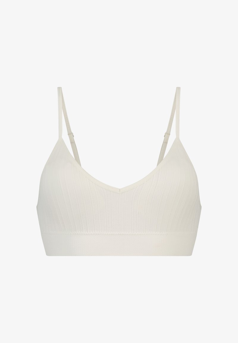 Lys beige bralette med V-hals, med ribbet tekstur og tynne justerbare stropper. Mykt stoff med en sømløs, elastisk design.