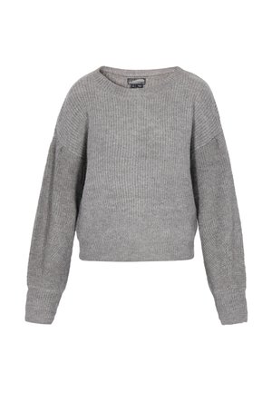 Grauer gestrickter Pullover mit rundem Halsausschnitt, langen, überlangen Ärmeln und einer kürzeren, lockeren Passform. Strukturmuster im gesamten Stoff.