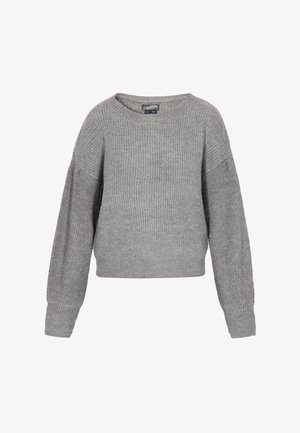 Grauer gestrickter Pullover mit rundem Halsausschnitt, langen, überlangen Ärmeln und einer kürzeren, lockeren Passform. Strukturmuster im gesamten Stoff.