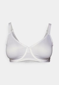 Weißer Bügel-BH mit verstellbaren Trägern, glatten, geformten Cups und einem kleinen Schlitzdetail in der Mitte vorne.