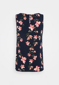 Haut bleu marine avec un motif floral rose et vert, sans manches, doté d'une ouverture en forme de goutte d'eau dans le dos et d'un ourlet droit.