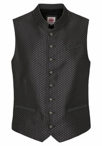 Schwarze Weste aus strukturiertem, gemustertem Stoff, mit Stehkragen, vorderer Knopfleiste, zwei seitlichen Taschen und kontrastierenden Besatzdetails.