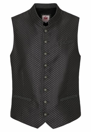 Zwarte vest met textuurpatroon, mandarin kraag, knoopsluiting aan de voorkant, twee zijzakken en contrasterende afwerking.