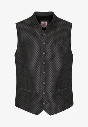 Zwarte vest met textuurpatroon, mandarin kraag, knoopsluiting aan de voorkant, twee zijzakken en contrasterende afwerking.