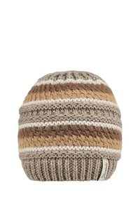 Knit beanie in shades of brown and cream, featuring a textured striped pattern, ribbed bottom, and a small tag on the side.