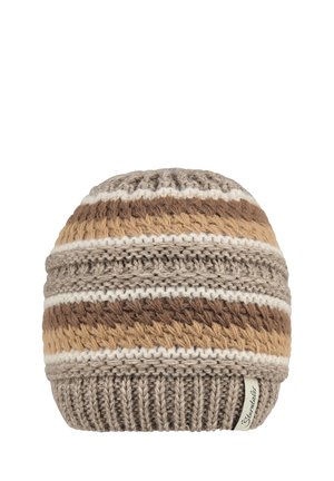 Strickmütze in Braun- und Cremetönen, mit einem strukturierten Streifenmuster, geripptem Bund und einem kleinen Etikett an der Seite.