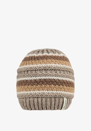 Strickmütze in Braun- und Cremetönen, mit einem strukturierten Streifenmuster, geripptem Bund und einem kleinen Etikett an der Seite.