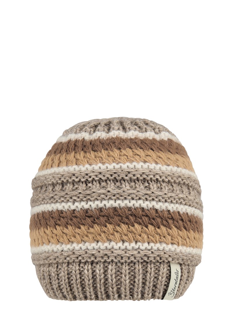 Knit beanie in shades of brown and cream, featuring a textured striped pattern, ribbed bottom, and a small tag on the side.
