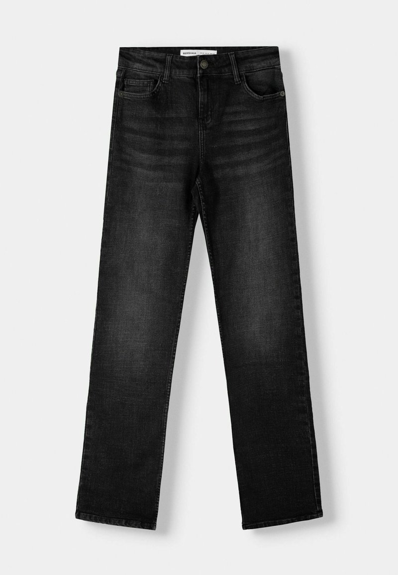 Jeans in denim nero con taglio dritto, design classico a cinque tasche e dettagli di cucitura visibili. Il materiale presenta una sottile texture.