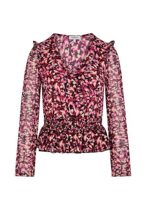 Blouse à manches longues pour femme avec un motif floral abstrait rose, noir et beige, taille froncée et épaules légèrement bouffantes.