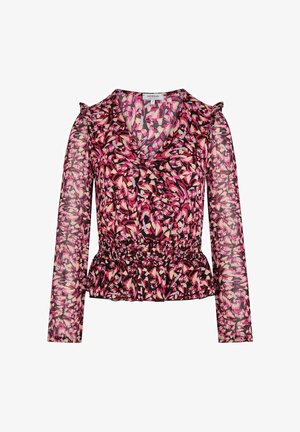 Langærmet damebluse med abstrakt blomsterprint i pink, sort og beige, rynket talje og let puf på skuldrene.