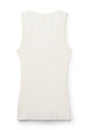 Weißes ärmelloses Tanktop mit Rundhalsausschnitt und figurbetonter Passform, flach liegend auf weißem Hintergrund dargestellt.