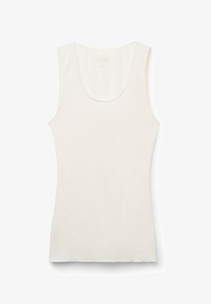 Weißes ärmelloses Tanktop mit Rundhalsausschnitt und figurbetonter Passform, flach liegend auf weißem Hintergrund dargestellt.
