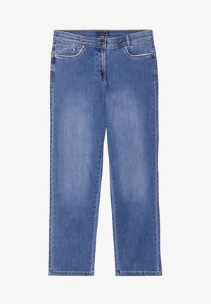 Helle blaue Jeans aus Denim mit geradem Schnitt. Zu den Merkmalen gehören Fronttaschen, dezente Nähte und ein Knopfverschluss am Bund.