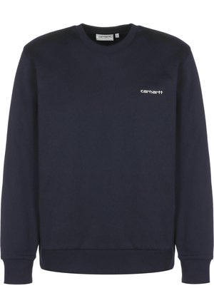 Mørk navyblå crewneck sweatshirt med lange ærmer og lille hvid Carhartt-logo på venstre bryst.