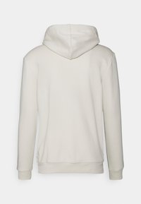 Sudadera color beige claro hecha de tejido suave, con capucha ajustable, mangas largas, puños y dobladillo acanalados, y un aspecto liso y texturizado.