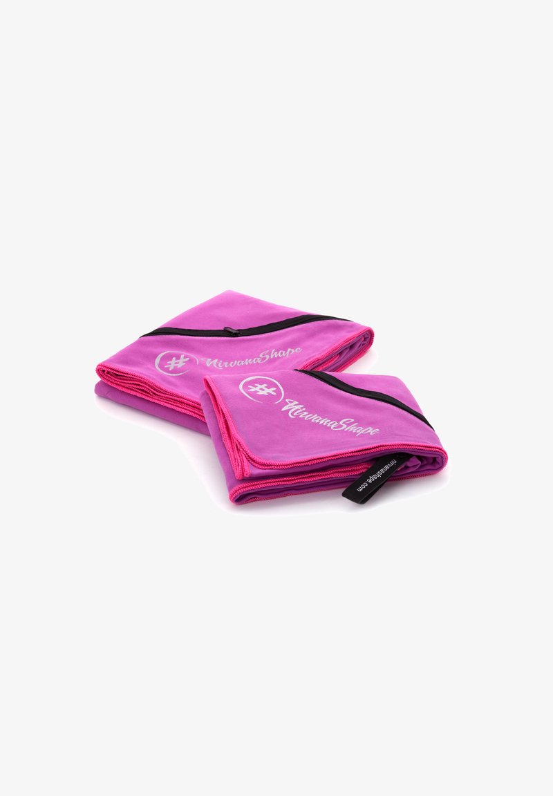 Two folded, pink fabric towels with a smooth texture. Each features a black zipper and a white "#NirvanaShape" logo on the front.