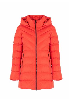 Red puffer jacket with a zip front, hood, and chevron stitching. Features side pockets and elastic cuffs for a snug fit.