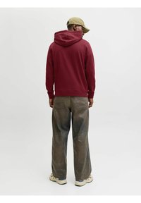Sweat à capuche marron avec cordon de serrage, associé à un pantalon ample vert olive et des baskets beige. Sur fond blanc uni.