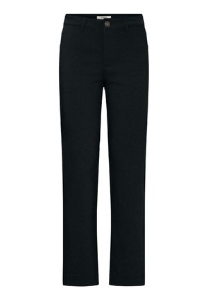 Black straight-leg pants with button and zip closure, side and back pockets, and belt loops, suitable for casual or formal wear.
