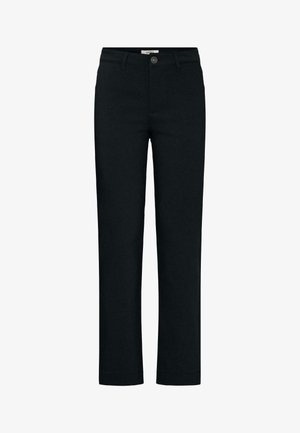 Mustat suoralahkeiset housut, joissa on nappi- ja vetoketjukiinnitys, sivu- ja takataskut sekä vyölenkit. Sopivat sekä rentoon että muodolliseen pukeutumiseen.