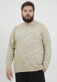 Pulover bej, texturat cu mânecă lungă, cu guler rotund și mâneci raglan. Materialul are un model cu pete și o croială lejeră.