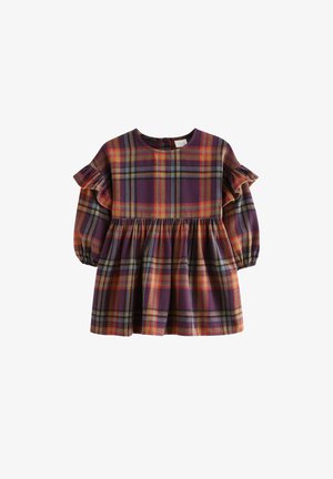 Robe à carreaux en violet, rouge et vert avec des manches volantées, un col rond et une jupe froncée. Fabriquée en tissu doux et texturé.