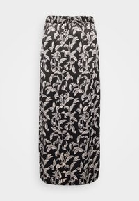 Saia maxi preta com padrão floral em creme, apresentando um cós elástico e fecho com cordão. Tecido suave com um design fluido.
