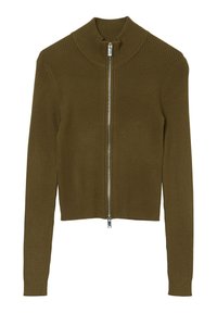 Sweatshirt cropped à zip côtelé en vert olive avec un col montant et des manches longues. Dispose d'un matériel en argent et d'un design ajusté.