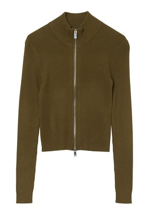 Ribbed, cropped zip-up sweater in olive green with a high collar and long sleeves. Features silver hardware and a fitted design.