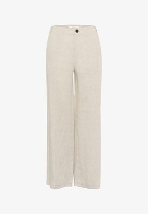 Light beige linen trousers with a wide-leg design, featuring a front button closure and smooth texture, without patterns or additional embellishments.