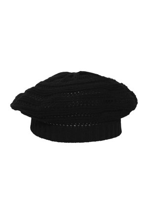 Black knitted beret with a textured pattern and ribbed band around the base, styled in a classic French design.