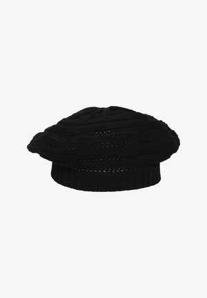 Black knitted beret with a textured pattern and ribbed band around the base, styled in a classic French design.