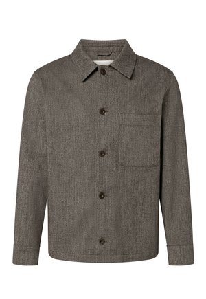 Brown long-sleeve button-up shirt with a collar and a chest pocket on the left side, displayed on a white background.