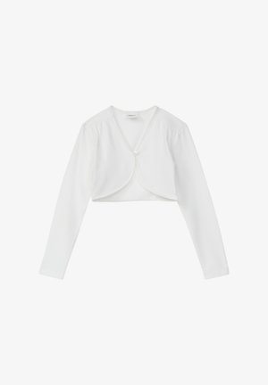 Weißes bauchfreies Oberteil mit langen Ärmeln, rundem Ausschnitt und vorderer Verschluss mit kleinem Knopf. Hergestellt aus weichem, glattem Stoff.