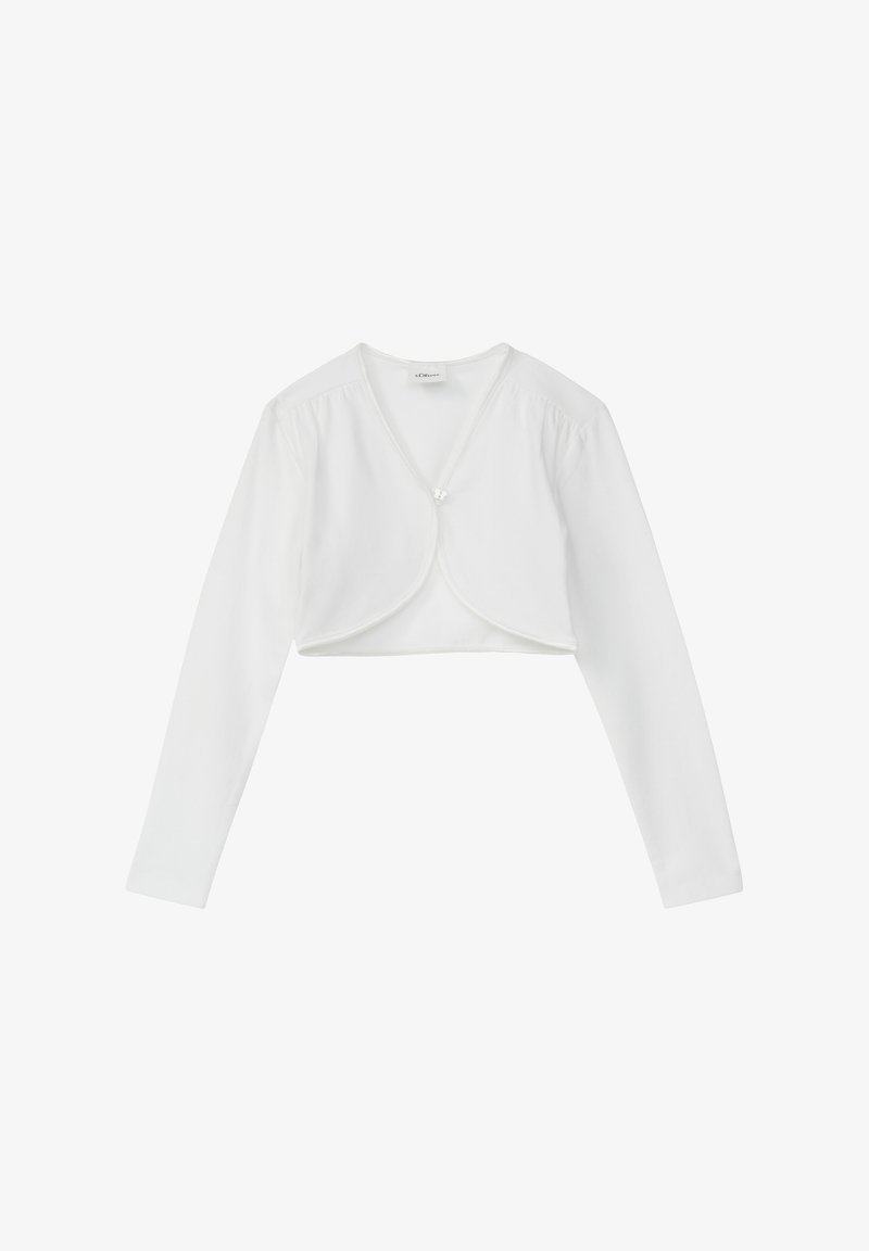 Haut blanc court à manches longues, avec un col rond et une fermeture frontale ornée d’un petit bouton. Fabriqué en tissu doux et lisse.