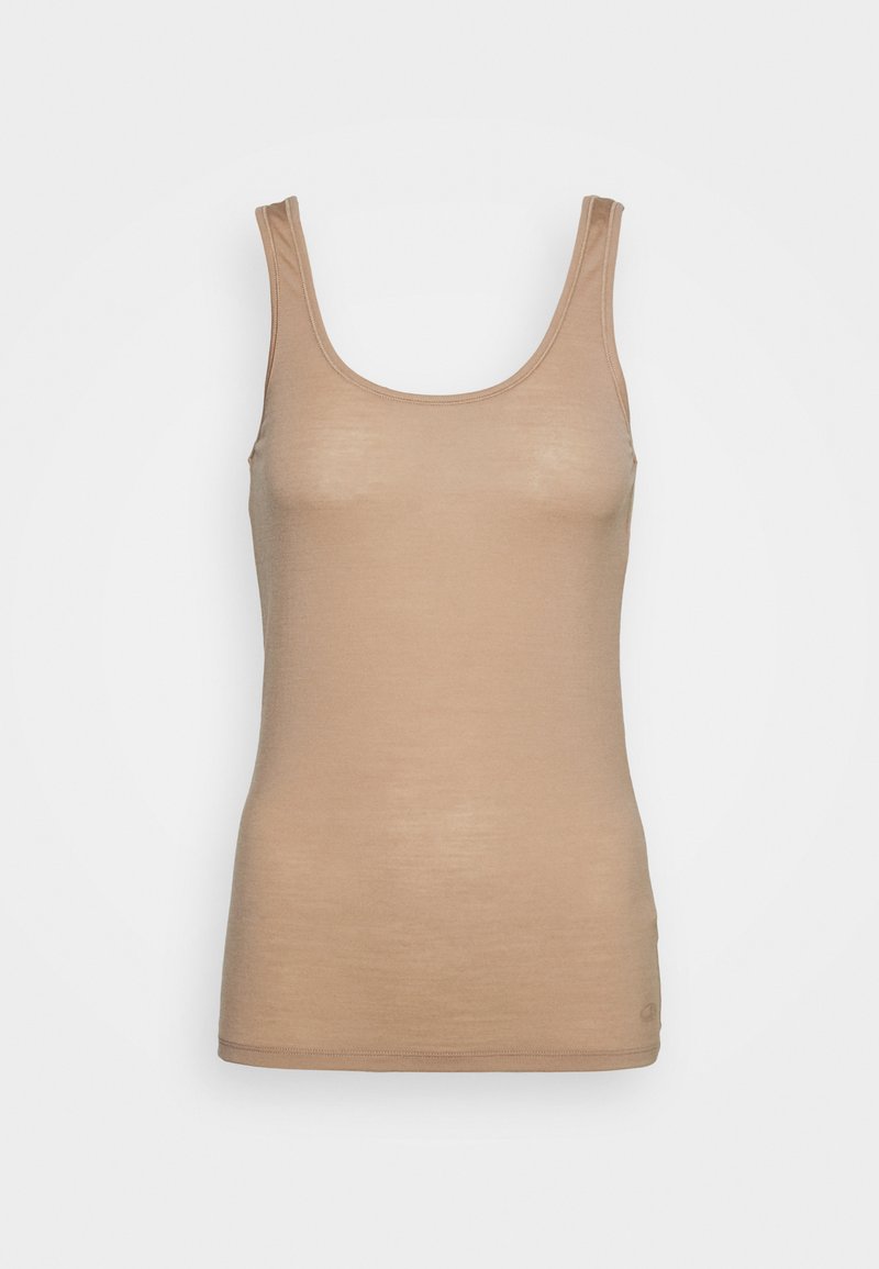 Beige tank topp med dyp utringning og tynne skulderstropper, laget av glatt stoff, med en lett innsvingt design.