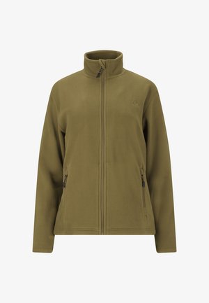 Veste en polaire vert olive avec un col montant, une fermeture éclair à l'avant et deux poches latérales. Présente une texture douce et un logo minimaliste.