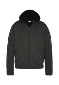 Szara bluza z kapturem na suwak wykonana z prążkowanej dzianiny. Posiada szeroki kaptur, gładką podszewkę oraz prążkowane mankiety i dół. Zapięcie na suwak z przodu.