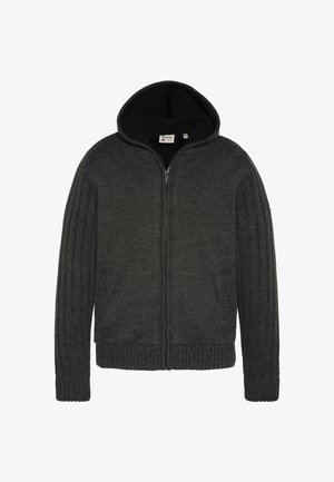 Grauer Zip-Hoodie aus geripptem Strickstoff. Verfügt über eine breite Kapuze, ein glattes Innenfutter sowie gerippte Bündchen und Saum. Frontreißverschluss mit Reißverschluss.