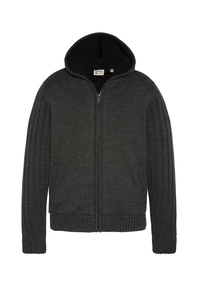 Szara bluza z kapturem na suwak wykonana z prążkowanej dzianiny. Posiada szeroki kaptur, gładką podszewkę oraz prążkowane mankiety i dół. Zapięcie na suwak z przodu.